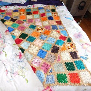 VTG Hand Crochet Knit Multi Colour Granny Square 48" x 58" Afghan Throw Blanket